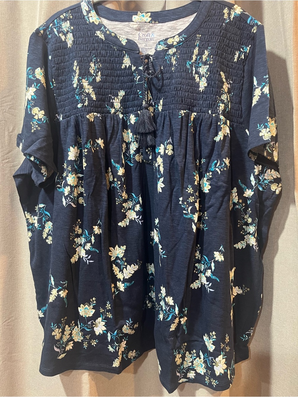 Croft & Barrow Black Floral Smocked Tunic with Tassel Tie.  WOW!